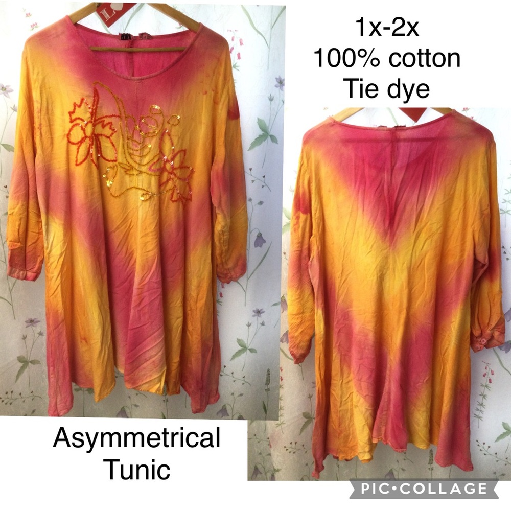 Vtg BohoTie Dye Tunic, 3/4 sleeve, cotton
